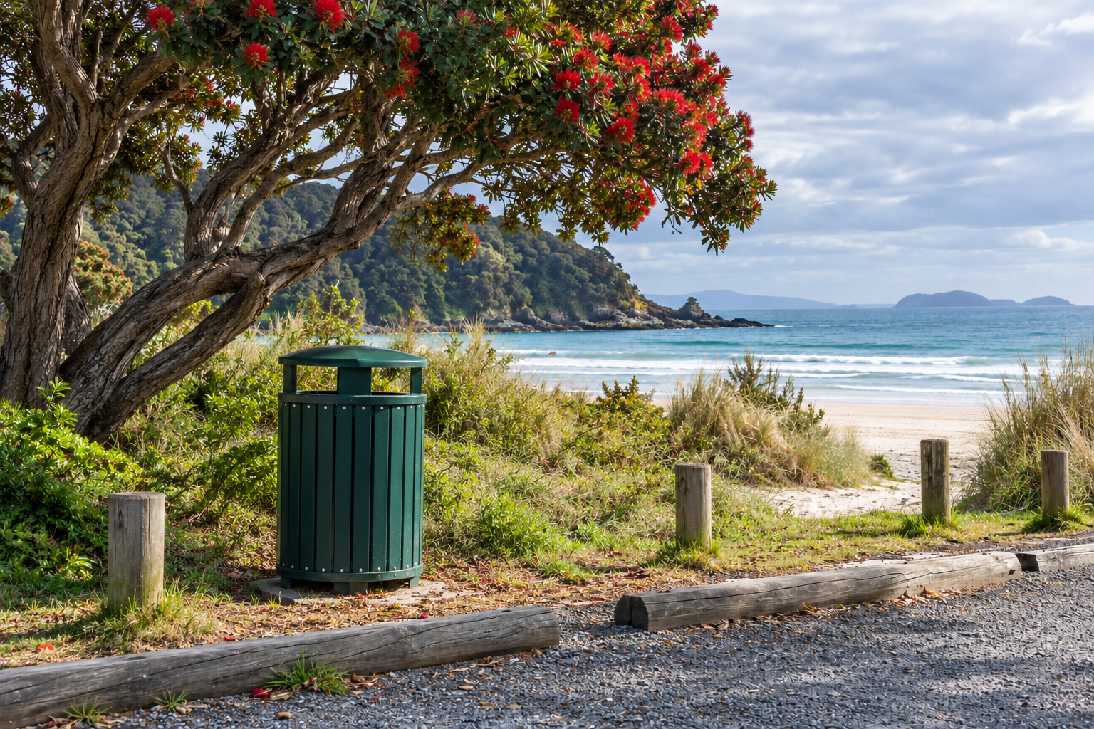 A public rubbish bin at a coastal reserve