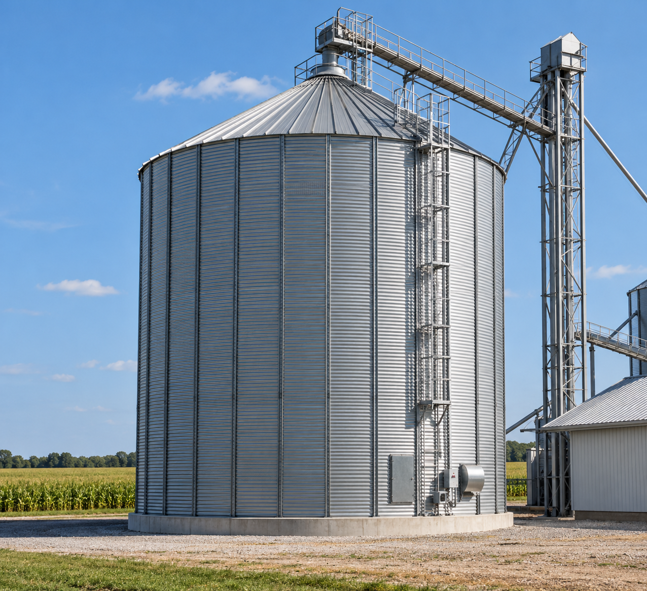 A grain silo beside a field