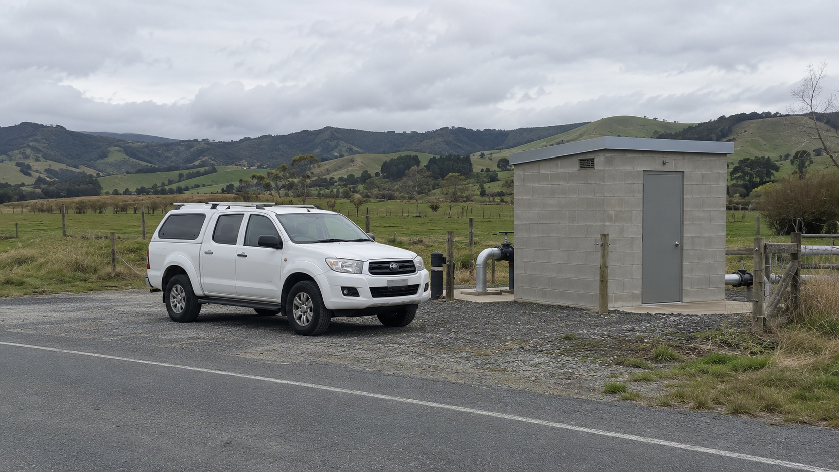 A white utility vehicle parked beside a rural pump station