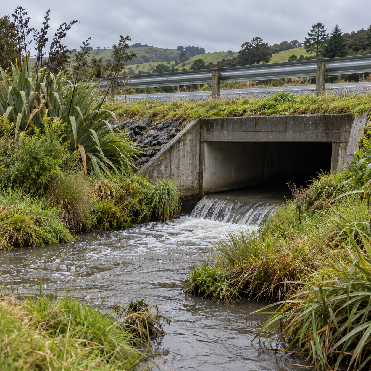 Water running through a rural culvert