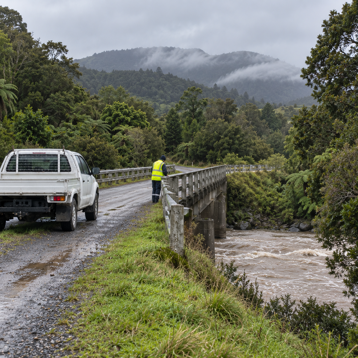 A field worker checking a swollen river from a bridge